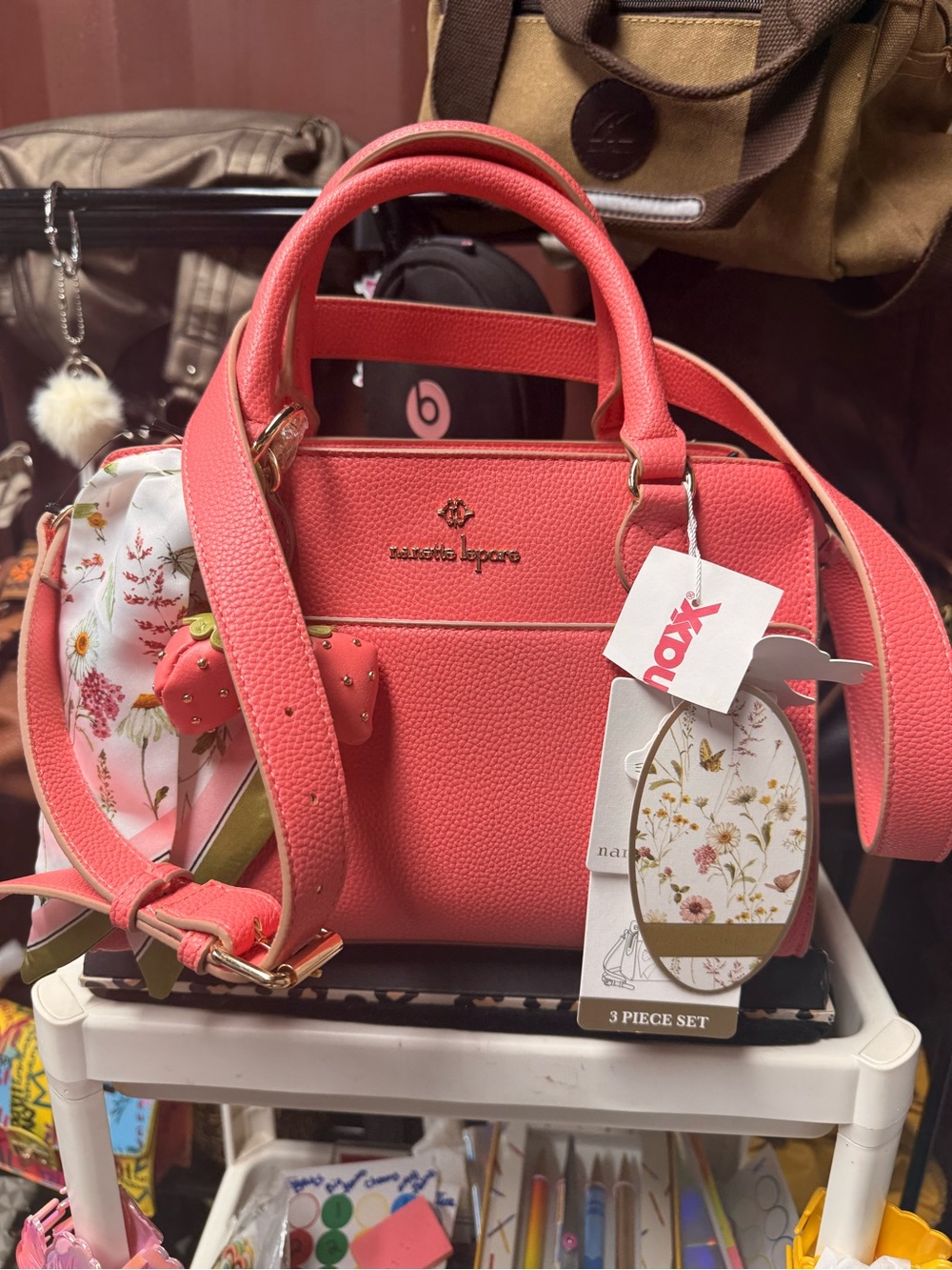 Nanette Lepore Coral-Pink Pebble Satchel with Floral Scarf